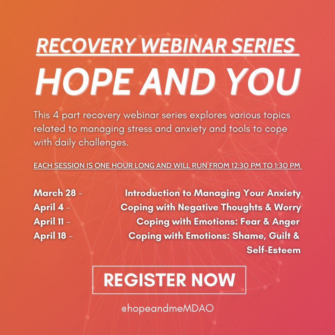 hopeandmemdao's tweet image. Register for our upcoming Recovery Webinar series, Hope and You: buff.ly/3TKSo4T

#hopeandyou #recovery #recoveryprogram #webinar #mentalhealth  #mentalhealthwebinar #stressmanagement #stressawareness #anxiety #anxietymanagement #copingtools #stressmanagementtools