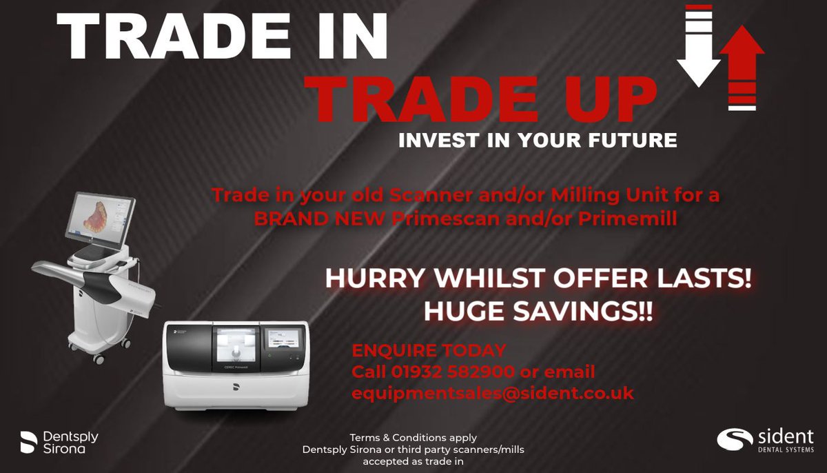 SidentDentalSys's tweet image. FINAL CALL! 📣 Time is running out to take advantage of this fantastic offer with huge savings! 💷

Looking to upgrade your Intraoral Scanner/Milling Unit?

Please contact us today to discuss 01932 582900 📞 equipmentsales@sident.co.uk 📧

#primescan #primemill #digitaldentistry