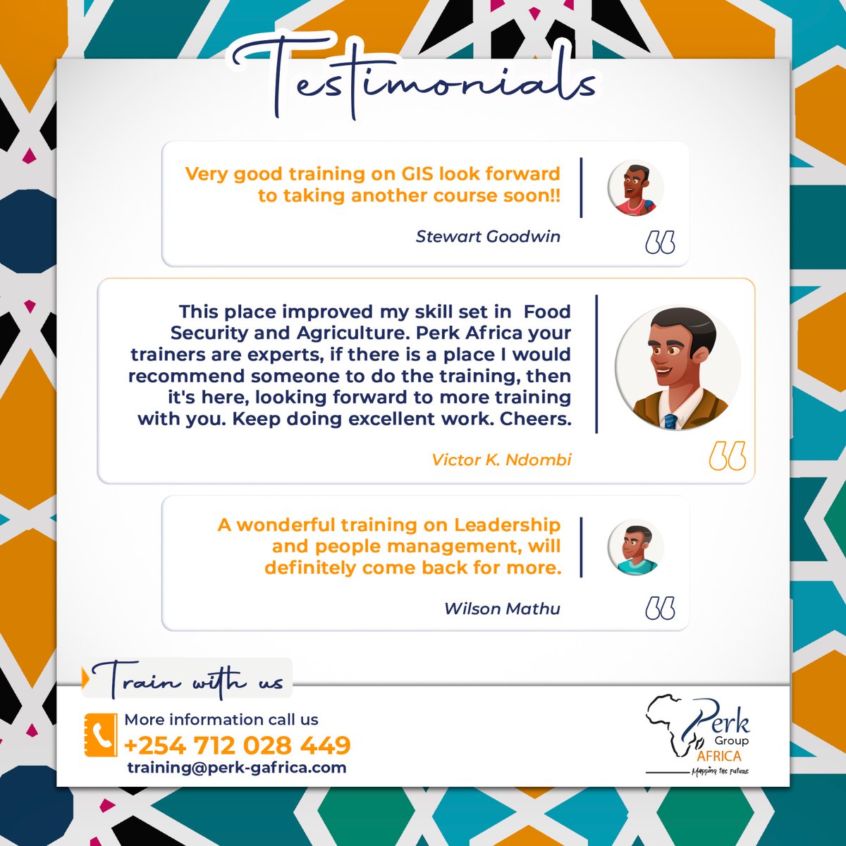 At Perk Group Africa, we endeavour to deliver training programs that are of the highest quality, designed to equip individuals with the knowledge and skills needed to excel.

#training #personaltraining #Entrepreneurship #selfemployed #climatechange #geospatial #pga #data