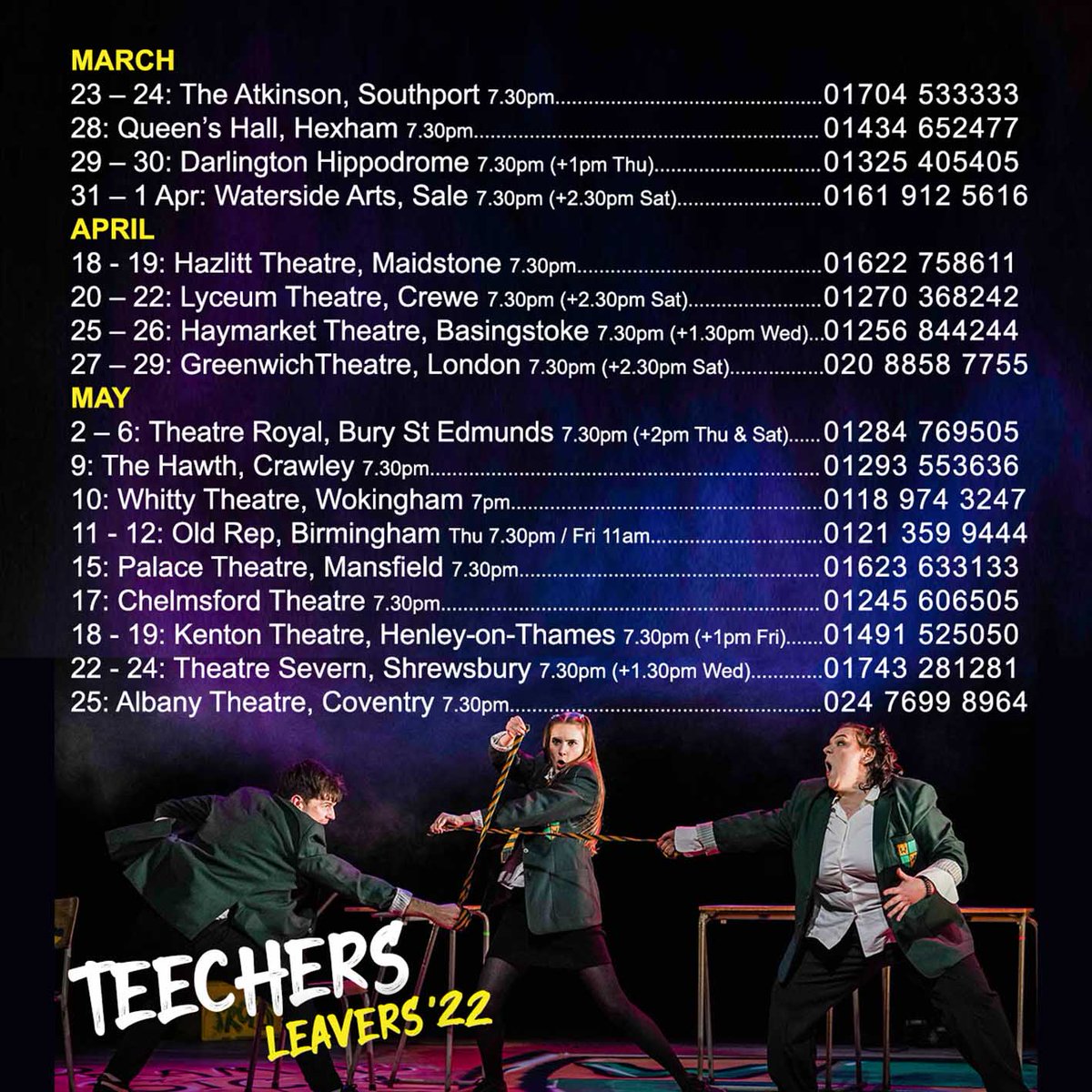Blackeyedtheatr's tweet photo. School's out! Grab yourself a ticket for TEECHERS LEAVERS '22 with dates across the country until the end of May! Check it out at:
https://t.co/SjaHZqnQbq
#Teechers #Teechersleavers22 #Johngodber https://t.co/6HeWQVS83Z