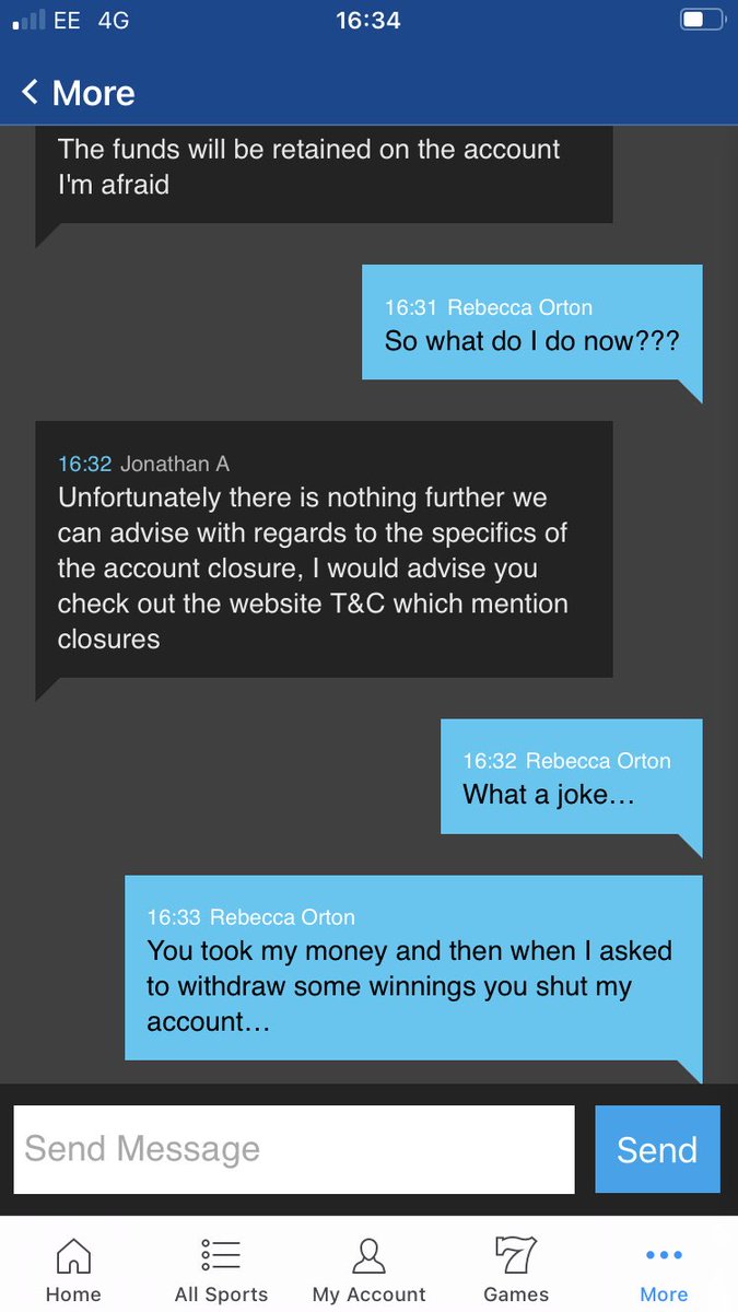 gusgun78's tweet photo. @Betfred strike again…
Allow you to put funds into your account and then when you win they close the account and refuse to pay… https://t.co/RBJo2Zugm7