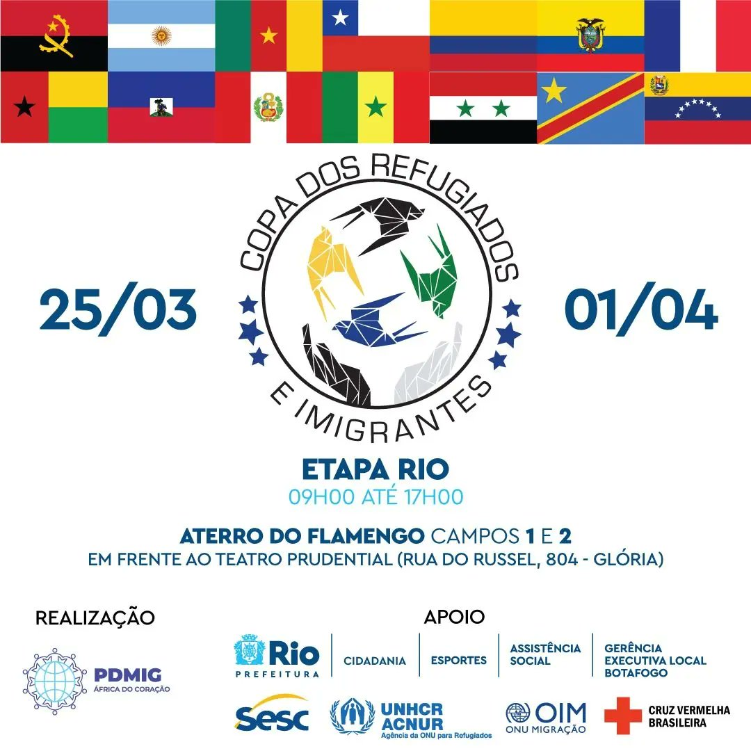 A Copa dos Refugiados e Imigrantes acontece nos dias 25 de março e 01 de abril, nos Campos 1 e 2 do Aterro do Flamengo, na Glória. 

Integração, serviços e Feira multicultural Refúgio em Foco