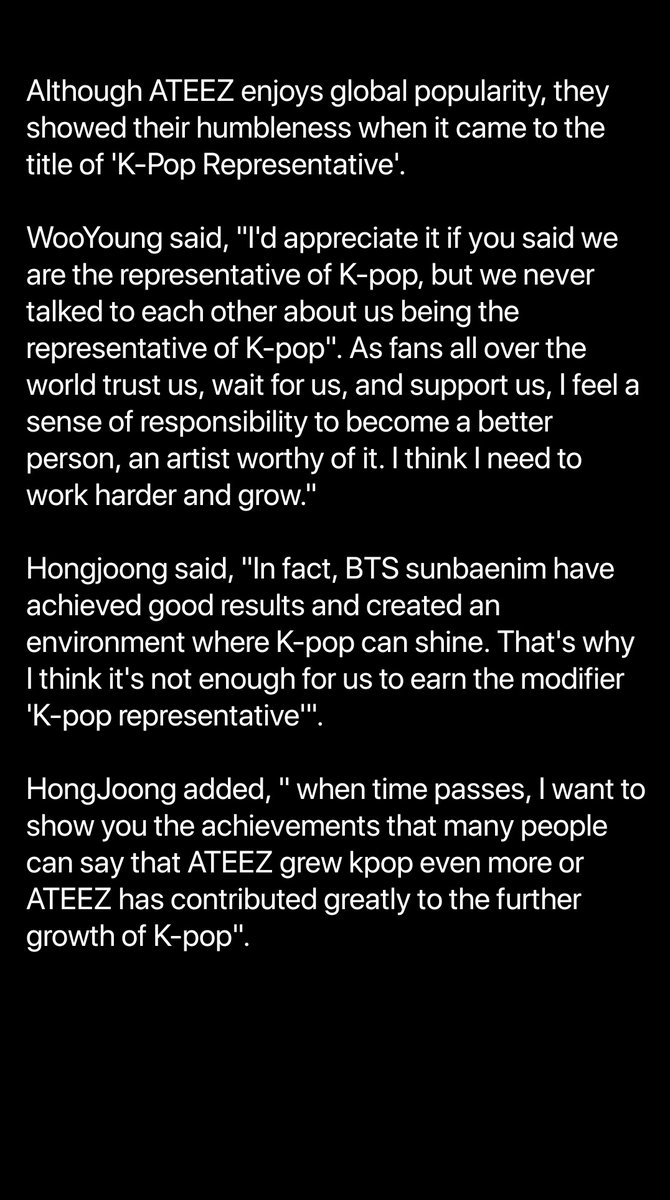 sugafixon's tweet photo. heres translation of the parts ATEEZ mentioned BTS

the fact that they acknowledged the paved path by BTS says alot about their mindset &amp; respect towards bts in an industry that many idols are bitter towards them + wooyo who always mentions bts as the best examples &amp; role model❤ https://t.co/MJgL91yxhA