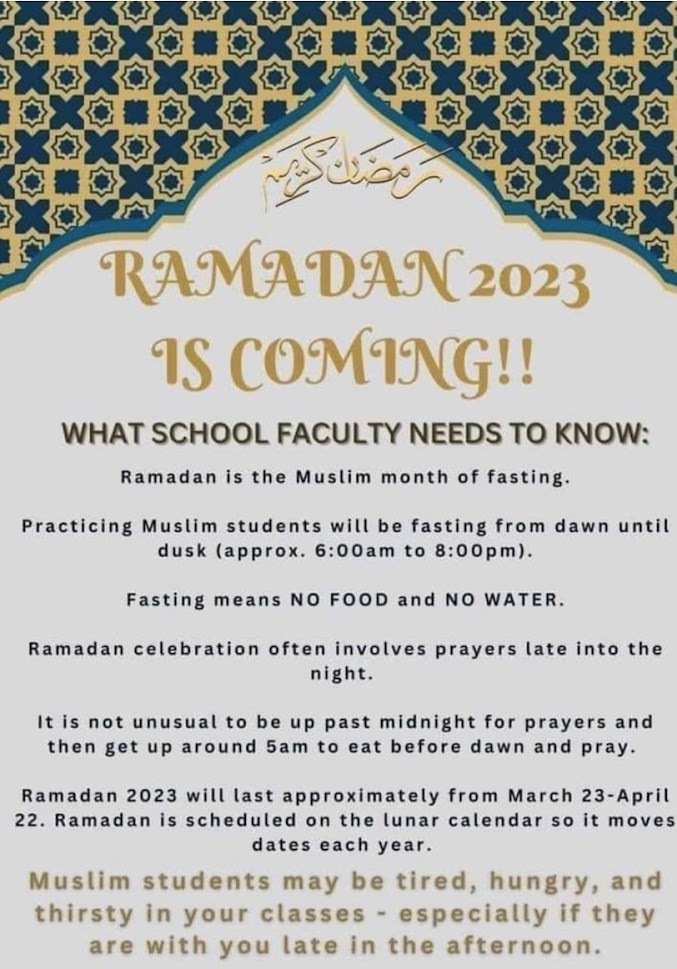 Every year all over the world Ramadan is observed amongst our Muslim communities. Here are a few things to be mindful of if we have students or friends participating during the month of fasting.
Have a wonderful weekend 🦁's!
#1LISD  #strongertogether #LeanderLions #Ramadan2023