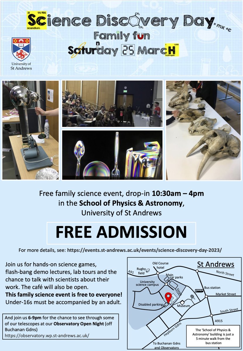 Happening tomorrow: Science Discovery Day in St Andrews! Free admission, 10:30 AM - 4:00 PM, School of Physics and Astronomy, North Haugh. Do come along, more info events.st-andrews.ac.uk/events/science…