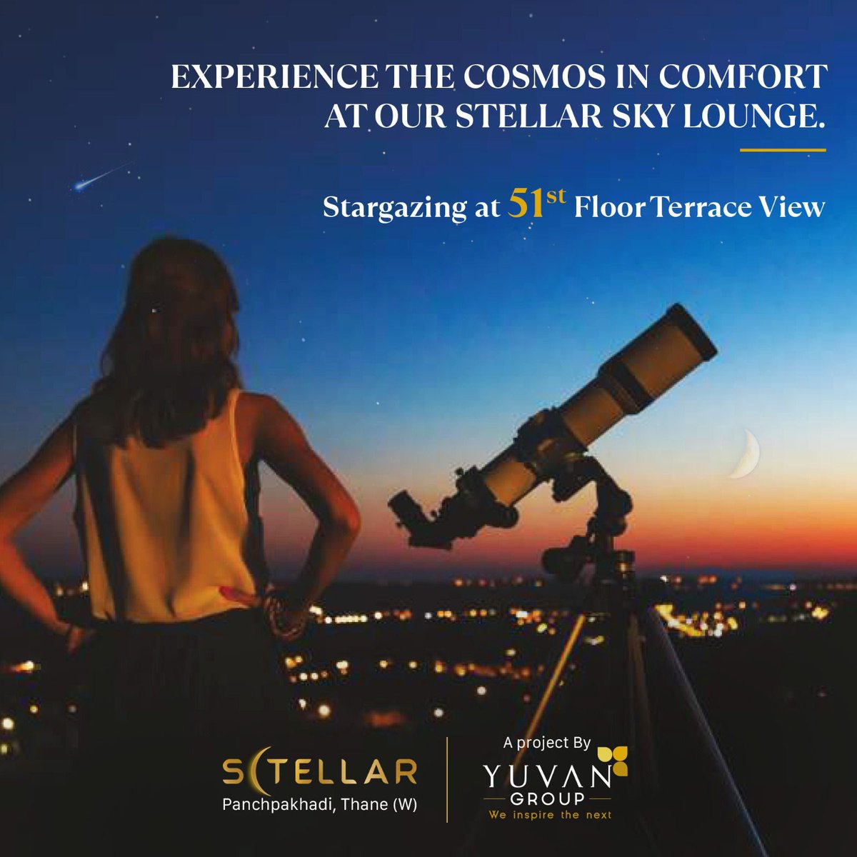 yuvangroup_2014's tweet image. Take Stargazing to new heights! Enjoy the breathtaking views of the night sky from the 51st floor Sky Lounge.

#Stellar #SwapnilMarathe #StellarViews #SkyHighStargazing #UrbanAstronomy #NightSkyAdventures #51stFloorExperience