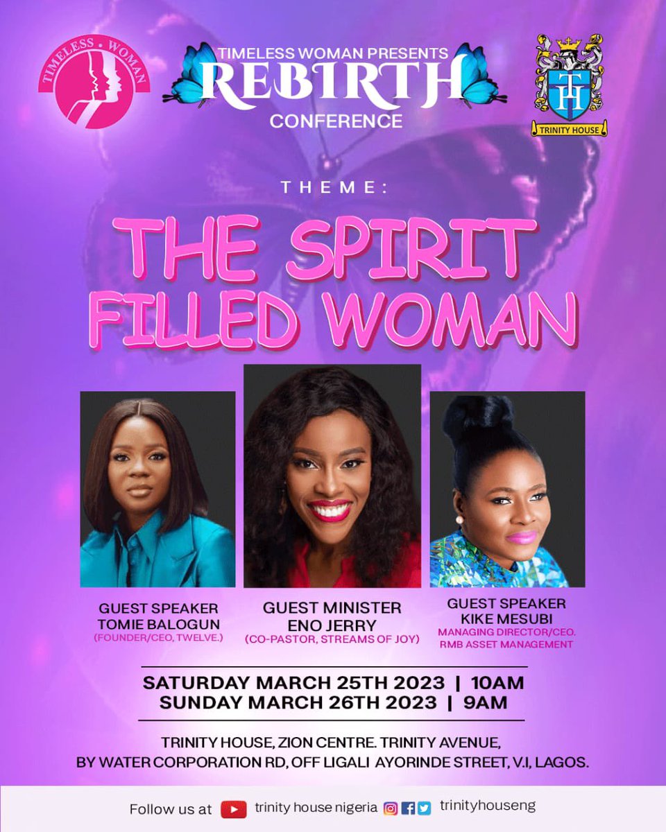 trinityhouseng's tweet photo. A spirit filled woman is one that trust and walks with the Holy Spirit.
You are specially invited to this year’s Timeless Woman Conference (Rebirth) happening on the 25th and 26th of March (Saturday and Sunday).
Come meet with God!
#trinityhouse
#believe
#timelesswoman
#rebirth https://t.co/323R585AAx