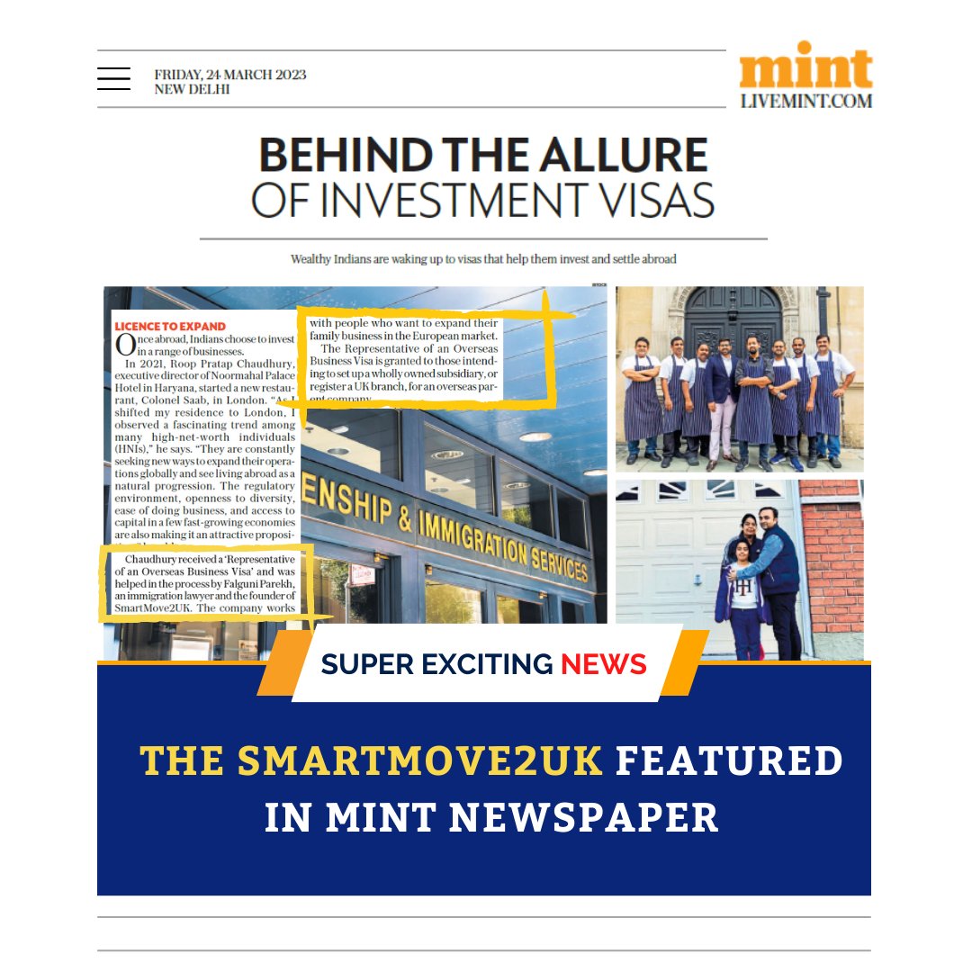 TheSmartMove2UK's tweet photo. The SmartMove2UK Featured in Mint Newspaper!!
A Reflection of Our Commitment to Delivering Exceptional UK Immigration Services
.
Click here to read the full article: https://t.co/Unb3DXep4Y
.
#UK #UKBusiness #London #UKVisa #TheSmartMove2UK #Featured #News https://t.co/ff0yxFycuN