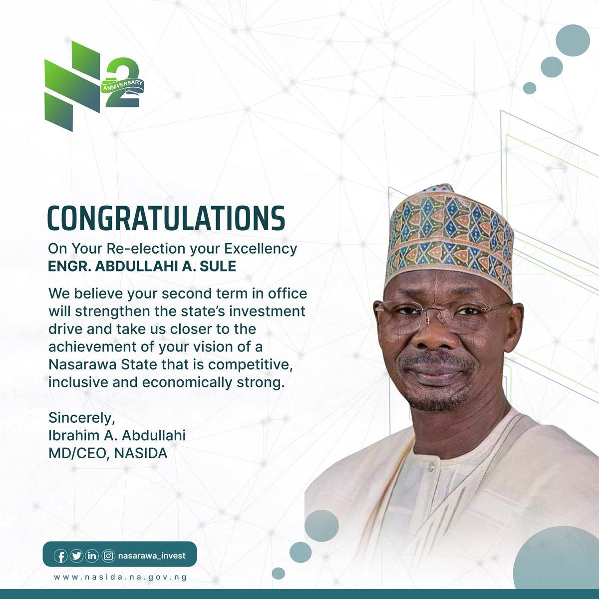 Congratulations your Excellency, Engineer Abdullahi Sule on your re-election as governor of Nasarawa state. 

#Nasarawameansbusiness 
#Nasarawaeconomicanddevelopmentstrategy 
#nasarawastate