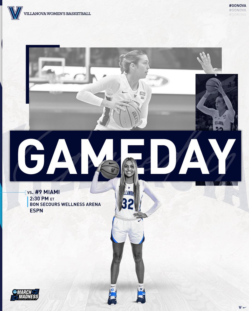 novawbb's tweet photo. 𝐒𝐰𝐞𝐞𝐭 𝟏𝟔 𝐆𝐀𝐌𝐄��𝐀𝐘. 

🆚: #9 Miami 
🕔: 2:30pm
📍: Bon Secours Wellness Arena 
🖥️: ESPN

#LetsMarchNova #MarchMadness https://t.co/y6dLbGYcJd