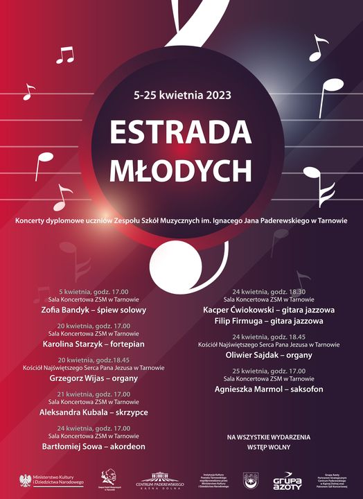 ℹ Już za kilka dni, 5 kwietnia rozpocznie się w @c_paderewskiego cykl koncertów dyplomowych uczniów Zespołu Szkół Muzycznych w #Tarnowiec. 
🆓Na wszystkie wydarzenia wstęp wolny.