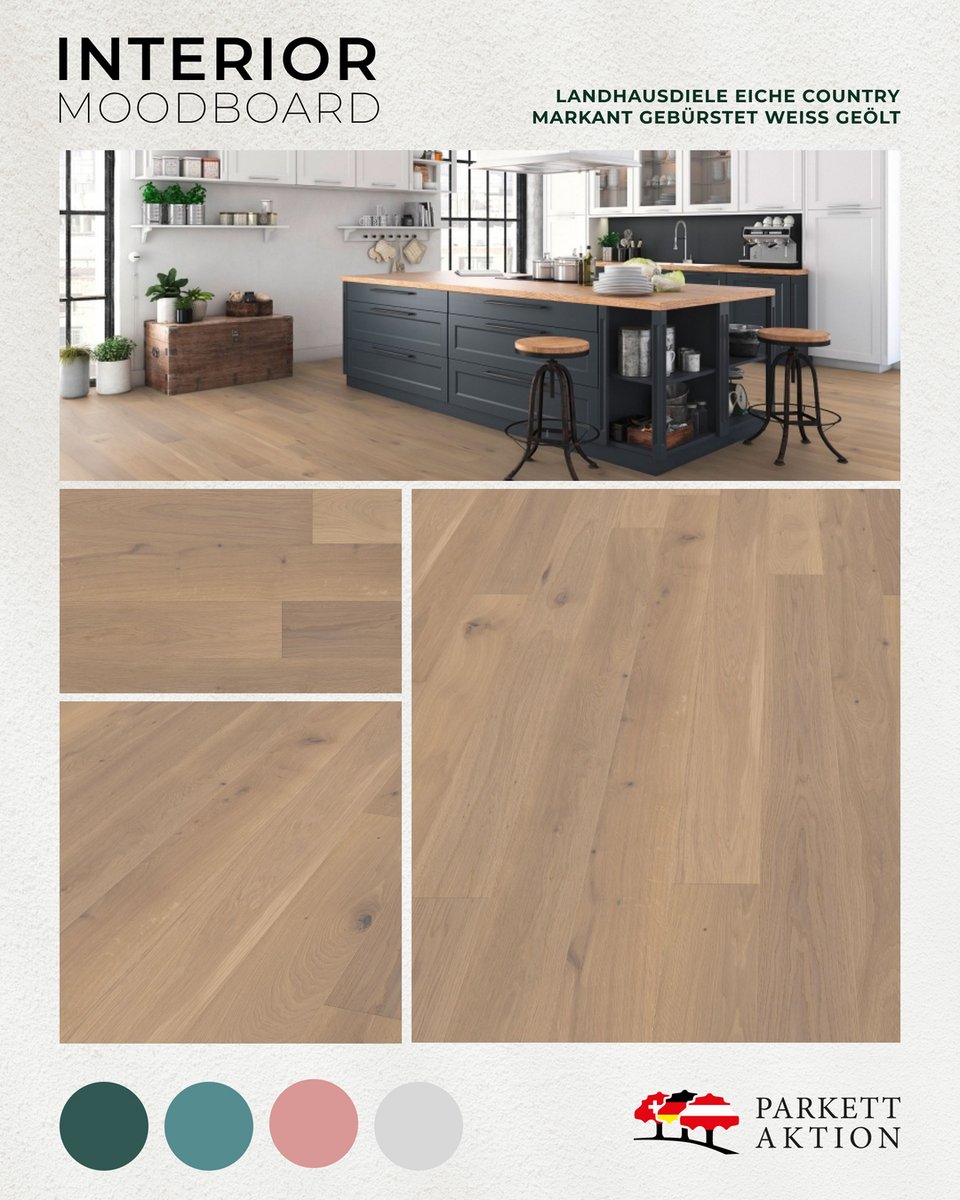 Holzboden in der Küche? Das geht? 
Auf jeden Fall!! Durch Lack oder Öl ist der Boden gut versiegelt und sind wir mal ehrlich: wer lässt schon eine Pfütze auf dem Boden bis sie von selbst trocknet? Eben!

Grundsätzlich passen zu Holzböden alle Farben, aber ein bisschen Inspi