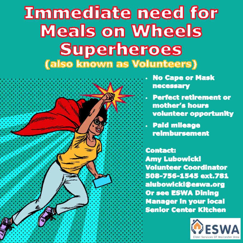 ESWAorg's tweet photo. ESWA urgently needs #MealsOnWheels Superheroes (also known as Volunteers). A great opportunity for retired folks. Contact our #Volunteer Coordinator 508-756-1545 ext. 178; alubowicki@eswa.org
https://t.co/UbBpToPTTE?
#MealsOnWheels #MarchForMeals #CongregateDining https://t.co/Uj0w0oH00Q