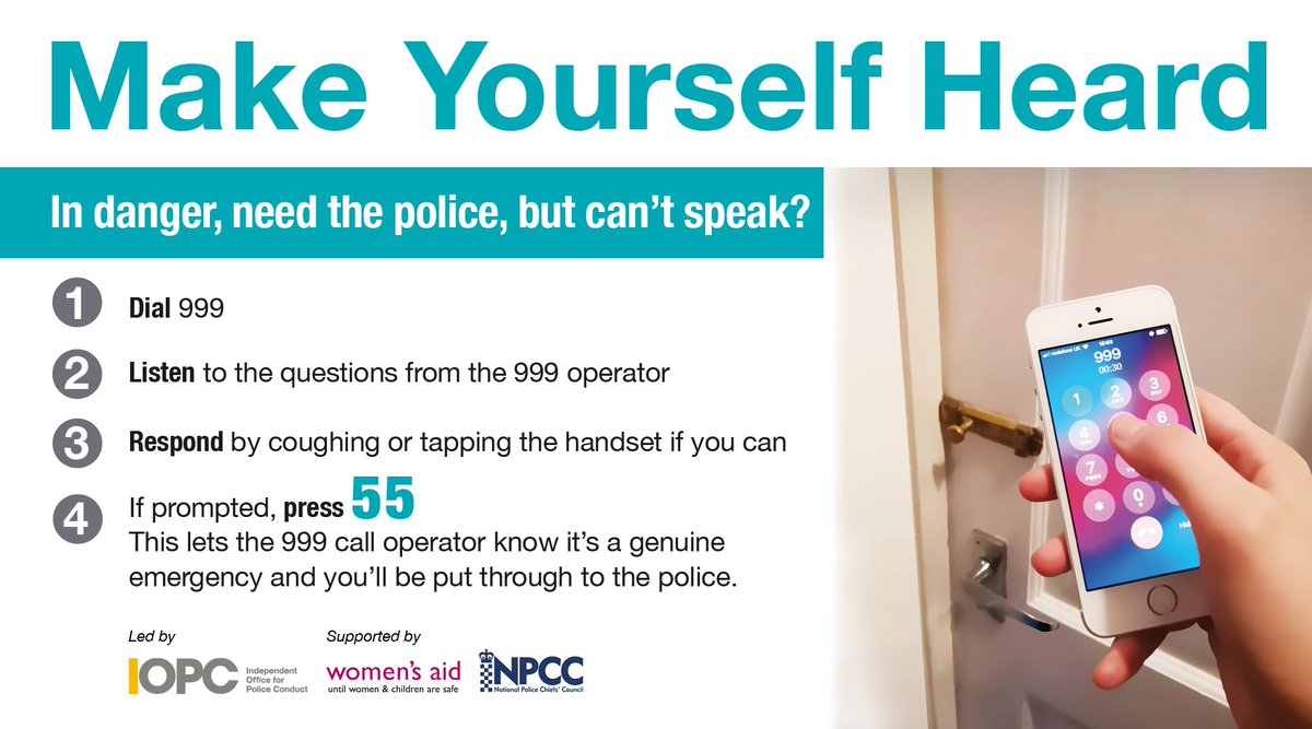 WestYorksPolice's tweet photo. Do you need to call 999 but too scared to speak or make a noise? 

You can press 55 when dialling 999 from a mobile, this then tells the police that the call is a genuine emergency 

#MakeYourselfHeard #SilentSolution https://t.co/9ssEHl29Pb