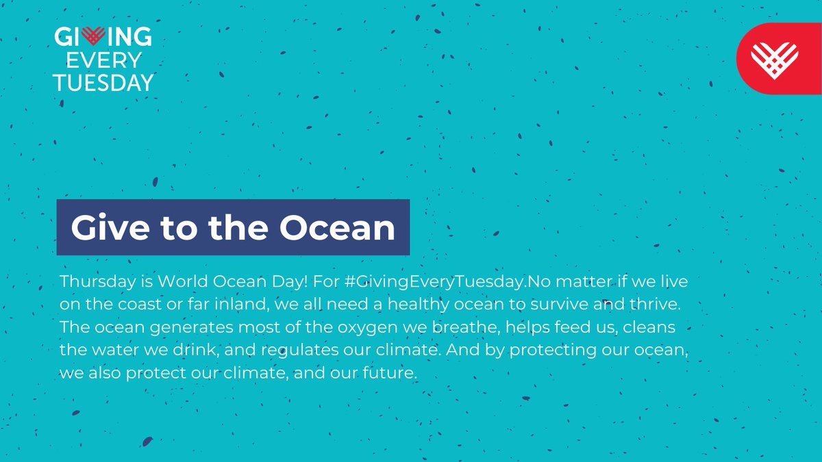 Thursday is #WorldOceanDay! For #GivingEveryTuesday. No matter if we live on the coast or far inland, we all need a healthy ocean to survive and thrive. By protecting our ocean, we also protect our climate, and our future.