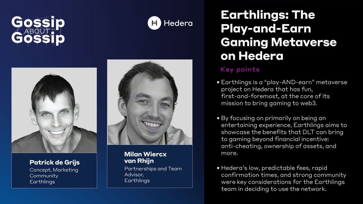 Special thanks to <a href="/MilanWiercx/">Milan Wiercx van Rhijn</a> and Patrick de Grijs from <a href="/earthlingsland/">Earthlings.land</a> #metaverse for joining us on the podcast this week, diving into their mission to bring fun - first-and-foremost - to #web3 gaming and highlight the benefits #DLT brings beyond P2E.

🎙️hedera.com/podcast?wchann…