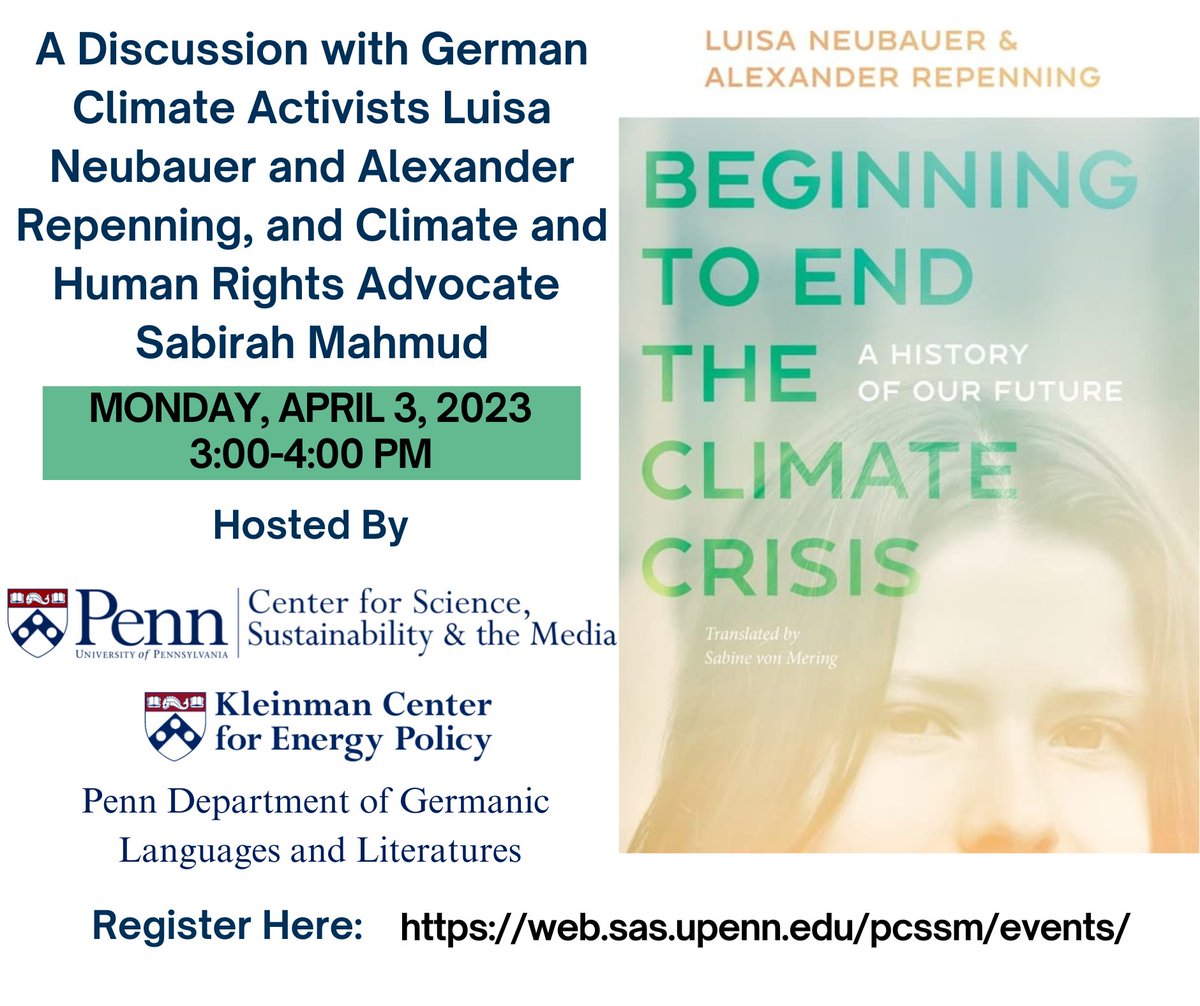 PennCSSM's tweet image. Don&apos;t miss our next event coming up on April 3! @MichaelEMann This panel discussion will focus on debunking climate change myths, discussing system and structural changes needed for human action. More info and register here: web.sas.upenn.edu/pcssm/calendar… #penncssm #pcssm #climatechange