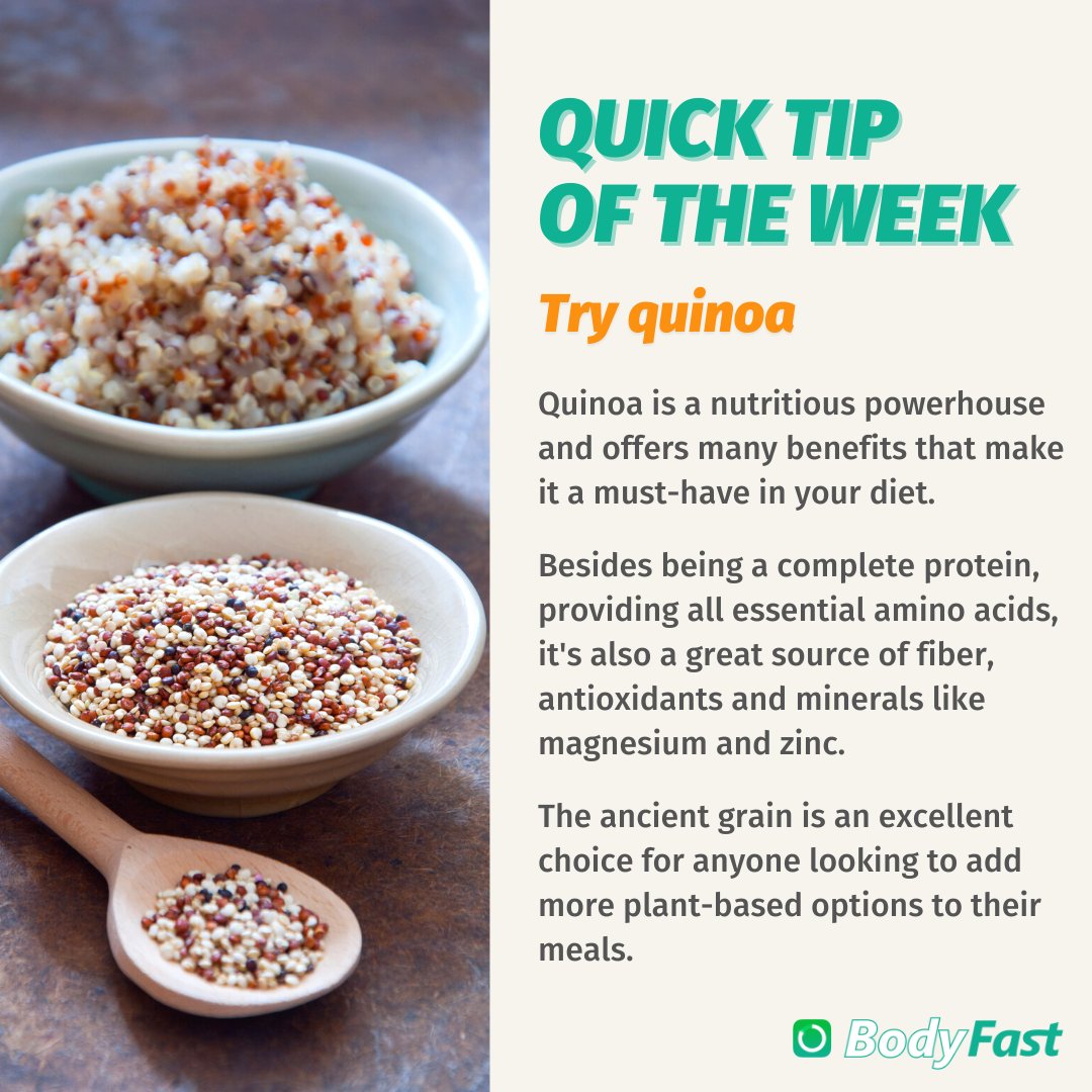 bodyfastapp's tweet photo. #Quinoa is a complete protein, high in fiber, antioxidants, and essential minerals for healthy 🦴 and 💪🏼
Swap out rice or pasta and try it in salads 🥗 or bowls 🍲
👉🏼 Check out the #BodyFastApp for yummy quinoa recipes.
#IntermittentFasting #HealthyEating https://t.co/Iih5jYzDQe