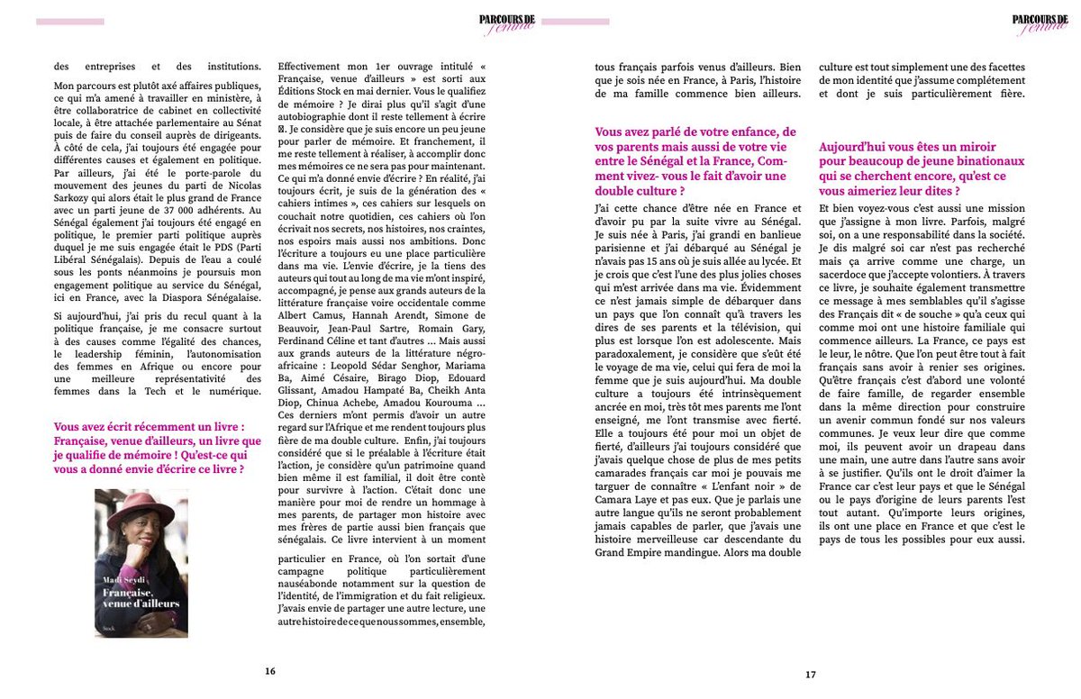 MadiSeydi's tweet photo. 📣J’ai le plaisir de vous partager mon interview dans le nouveau magazine « Parcours de femme» ! Quel plaisir de pouvoir parler 🗣️ de mon livre 📚, de mes différents engagements et bien évidemment de mes 2 patries 🇫🇷🇸🇳 Cc @FemmeParcours https://t.co/lIcCJtrnA8