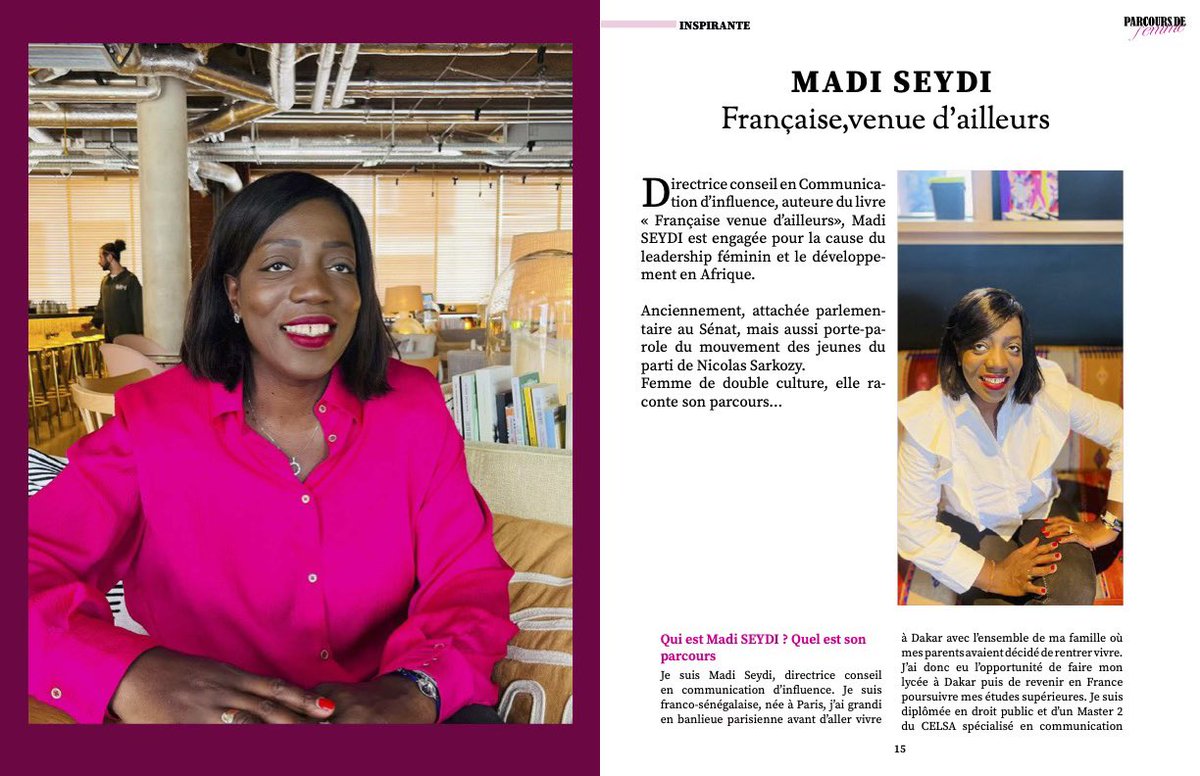 MadiSeydi's tweet photo. 📣J’ai le plaisir de vous partager mon interview dans le nouveau magazine « Parcours de femme» ! Quel plaisir de pouvoir parler 🗣️ de mon livre 📚, de mes différents engagements et bien évidemment de mes 2 patries 🇫🇷🇸🇳 Cc @FemmeParcours https://t.co/lIcCJtrnA8