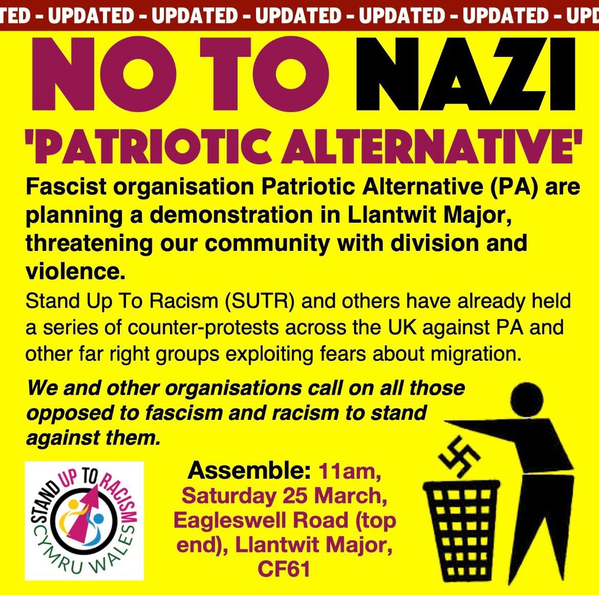AntiRacismDay's tweet photo. Join @sutr_wales & the community in Llantwit Major for a big turnout tomorrow - tell the Nazi Patriotic Alternative that they are not welcome here or anywhere else in Wales
#RefugeesWelcome
#NeerAgain https://t.co/1zawZzIW5a