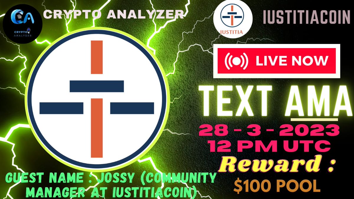 🎙️ We're pleased to Announce our next #AMA with @IustitiaCoin on 28 March at 12:00 PM UTC 💰 Pool: $100 🏠 : t.me/CRYPTOANALYZER… 〽️Rules: 1⃣ Follow @CRYPTOANALYZER0 & @IustitiaCoin 2⃣ Like & RT 3⃣ Must Like, RT & Comment Your Unlimited Questions.