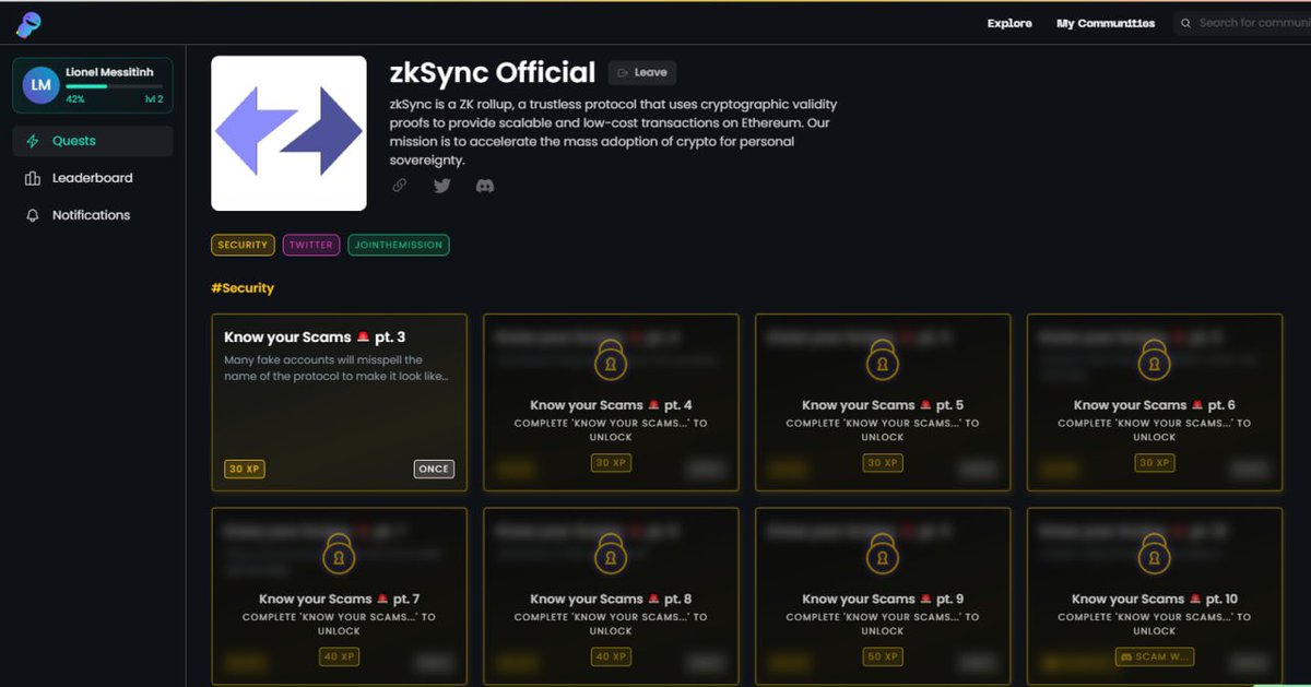 ĐÁP ÁN Crew3 zksync
crew3.xyz/c/zksync/invit…
- Đáp án
+ pt. 1: Visit page
+ pt. 2: No
+ pt. 3: zkSync
+ pt. 4: B 
+ pt. 5: C
+ pt. 6: D
+ pt. 7: D
+ pt. 8: E
+ pt. 9: D
+ pt. 10: Agree

phần tiếp 
1. Baby Alpha
2. B
3. Fair Onboarding Alpha
4. Full Launch Alpha
5. E