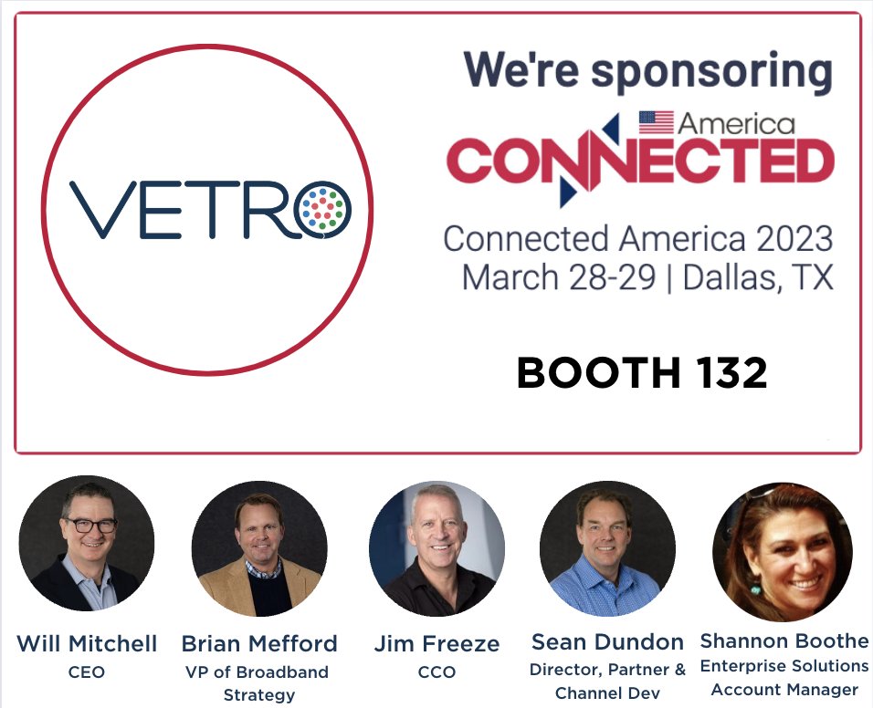 vetrofibermap's tweet photo. Heading to Dallas for #ConnectedAmerica? Be on the lookout for this killer team of @wsmitchell, @brianmefford, Jim Freeze, @sean_dundon Shannon Boothe -- and Kevin Rush will be showing off the VETRO Platform so stop by BOOTH 132!

Let's meet up! https://t.co/NJPTloMAFL