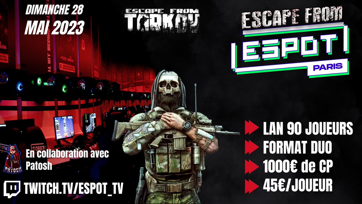 J'ai le plaisir de vous annoncer la première LAN française en duo sur Escape From Tarkov à <a href="/espotparis/">ESpot</a>  ! 

📅Dimanche 28 mai (29 férié) !
🎟️BILLETTERIE 31 mars
 📍 150 rue de Rivoli, Paris
💰 1000€

+ d'infos sur : discord.gg/sdb5kDHAXc
(ajouter le rôle TARKOV)

<a href="/bstategames/">Battlestate Games</a>