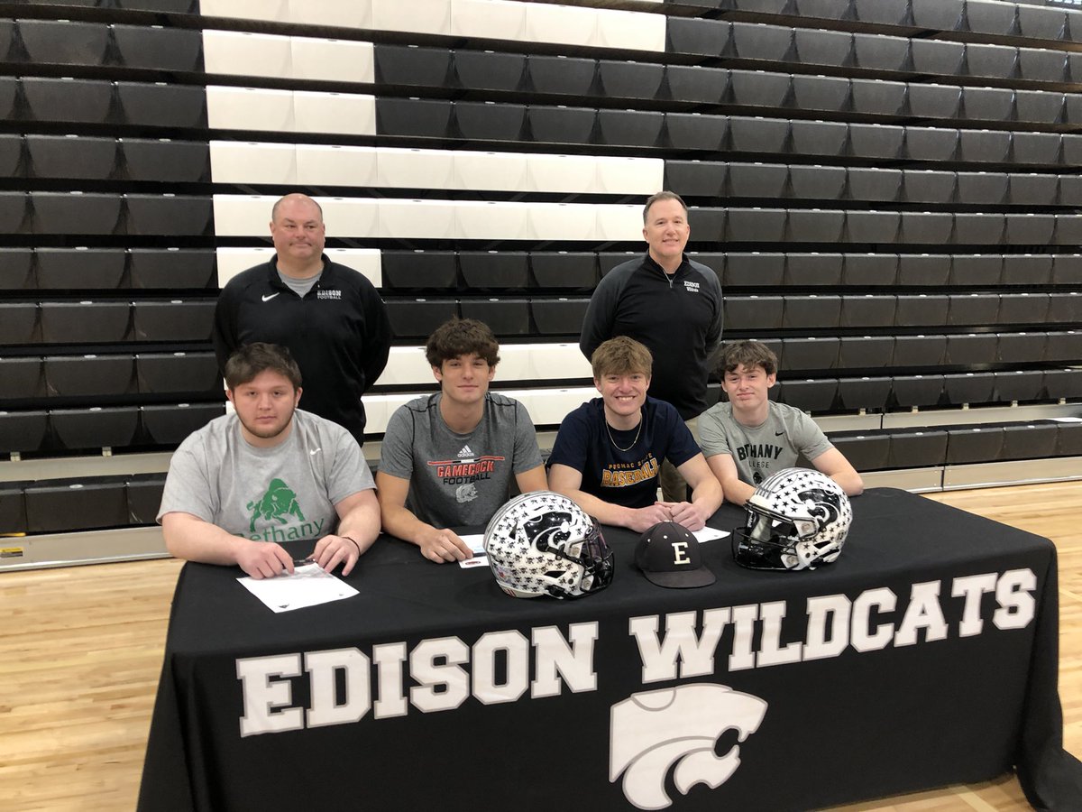 Four Edison teammates and friends part of a signing ceremony in the school’s new fieldhouse today.  
✔️Gage Cline to Rich Rodriguez’s Jacksonsville State 🏈 program. 
✔️Hunter Rothacker to Potomac State ⚾️
✔️Ashton Ellis &amp; Decker Lancaster to Bethany 🏈