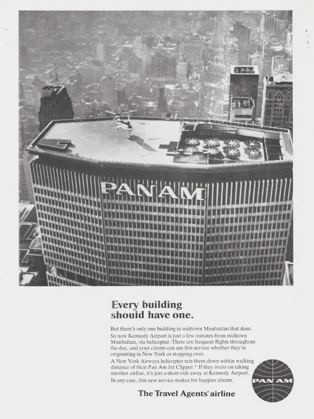 hartmancenter's tweet photo. Sixty years ago this month the #PanAm building opened for business.  This ad promotes their rooftop helicopter service to JFK that "sets down within walking distance of their Pan Am Jet Clipper." Check out thousands more Pan Am ads here: https://t.co/aTkAQOaepz https://t.co/hoX7s4FAHo