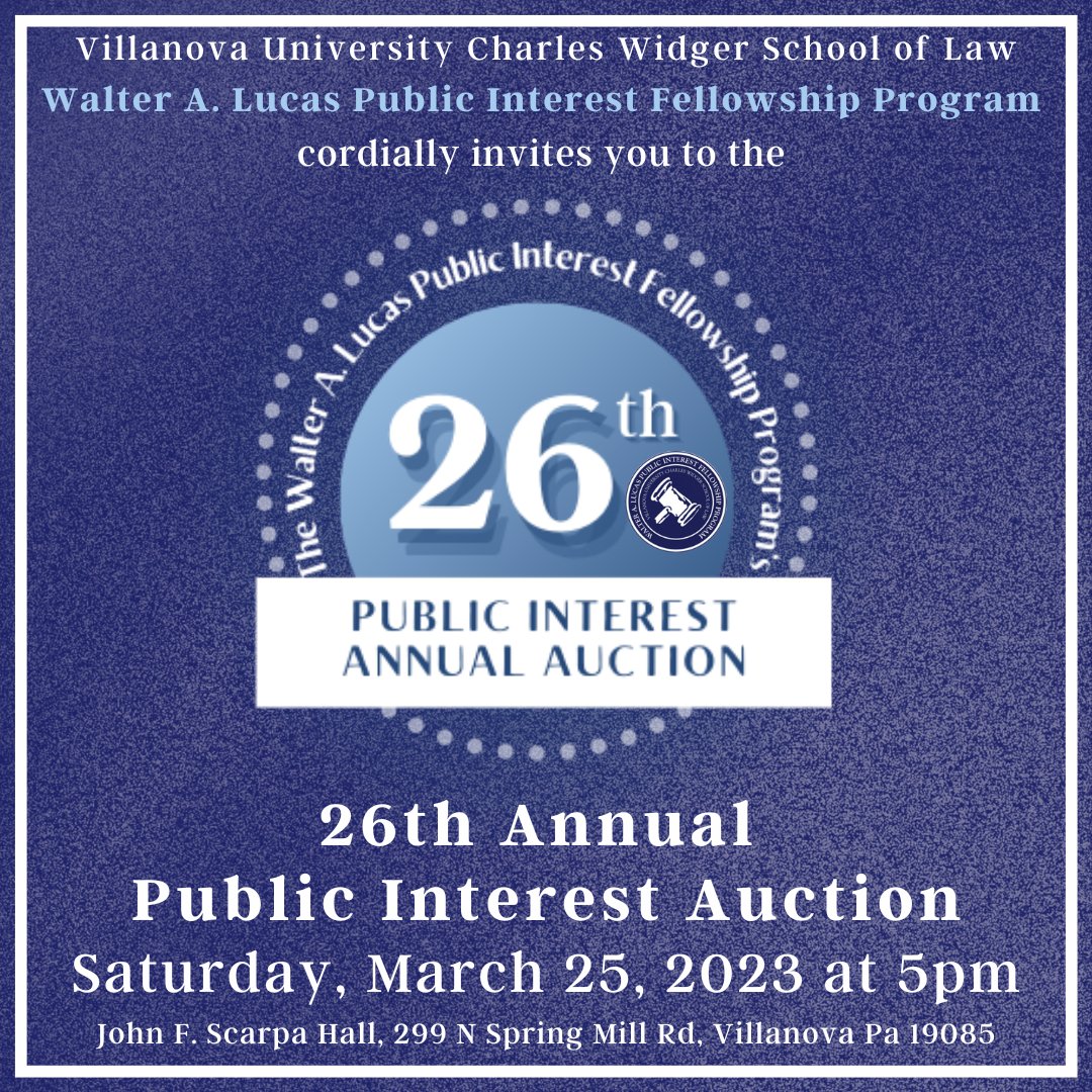 Villanova_Law's tweet photo. Join us tonight at #VillanovaLaw for the 26th Annual Public Interest Auction! Bid on items like axe-throwing with Profs. Steve @chanenson &amp; Chaim Saiman or lunch with Dean @MarkCAlexander! All proceeds benefit public interest opportunities for law students https://t.co/2lKlJzyDfi https://t.co/wJNucZSgQT