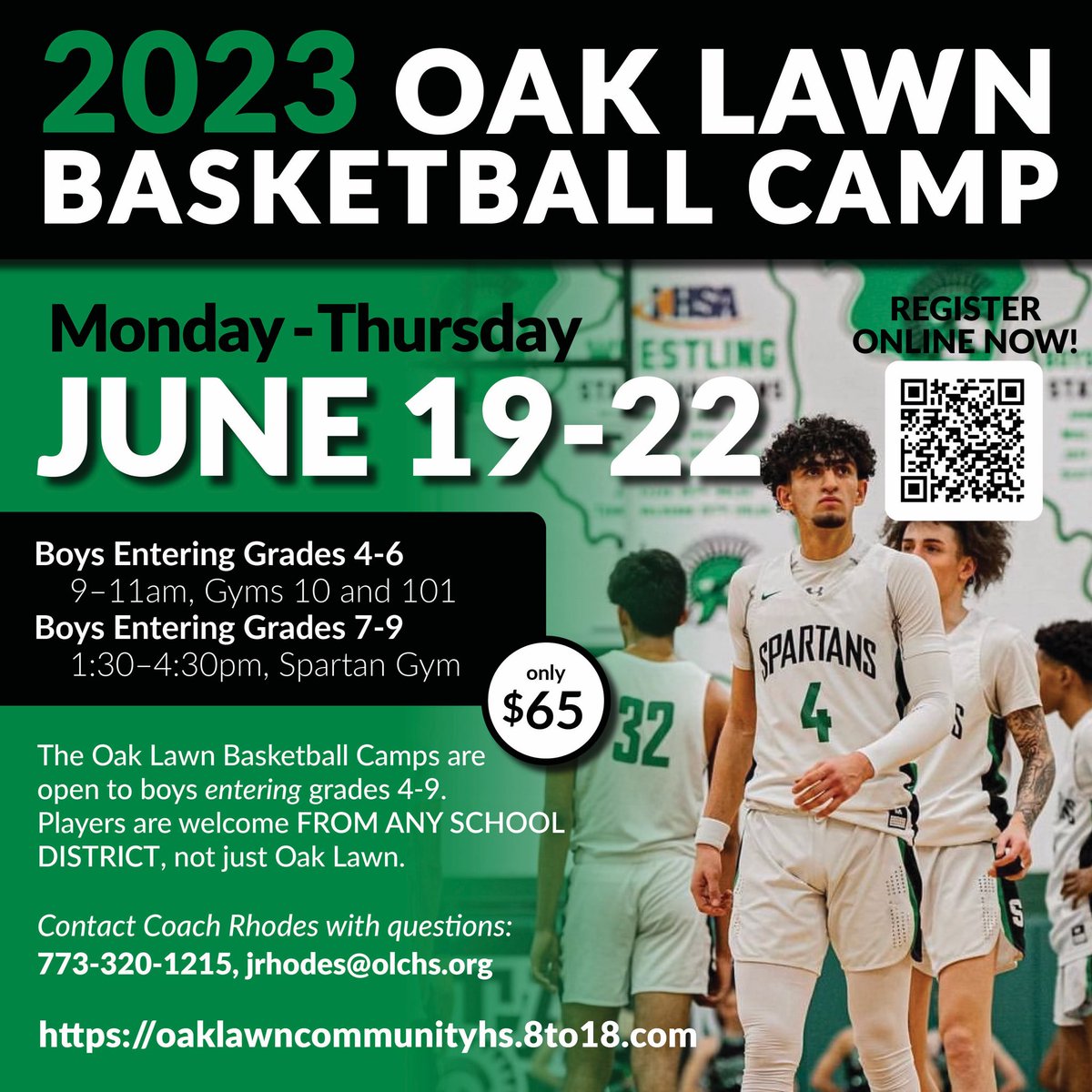 Join us this summer! 
All camps M-Th June 19-22
Rising 4th - 6th graders: 9 - 11 am
Rising 7th - 9th graders: 1:30 - 4:30 pm

Register online here: tinyurl.com/oaklawnbasketb…