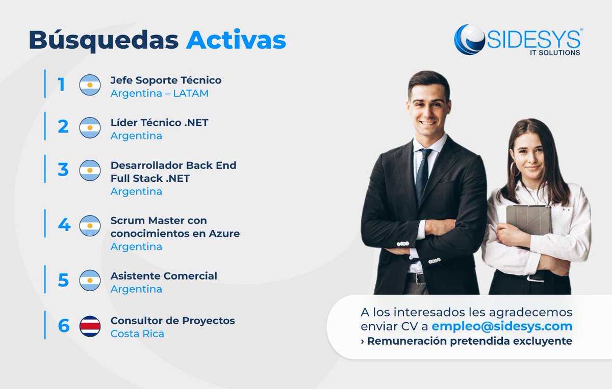 SidesysIT's tweet photo. ¿Te gustaría trabajar en #Sidesys? 

Únete a nuestro equipo para mejorar con tecnología de calidad la vida de las personas 🙌

Mira la imagen para conocer las nuevas búsquedas actuales en nuestra empresa 👇 https://t.co/IgPgvxQTsV