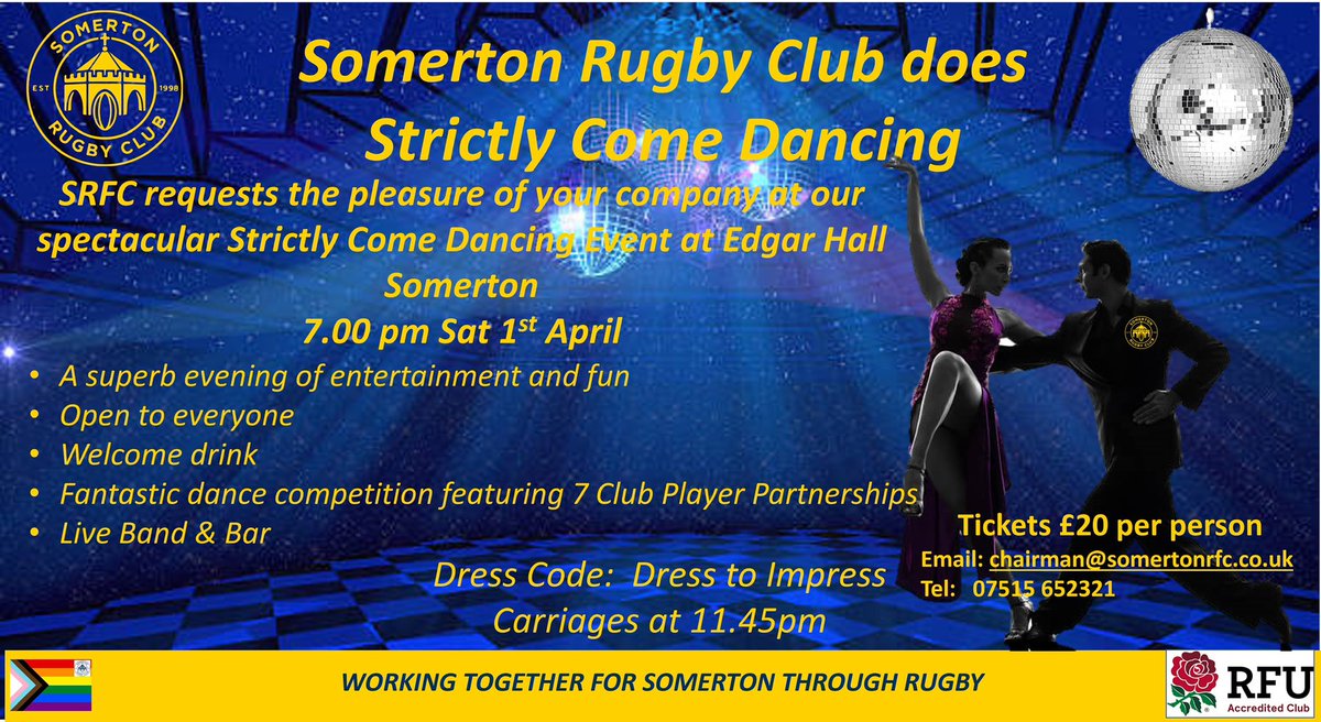 somertonrfc's tweet image. Last few tickets left!  Come along to this fantastic, fun night - open to everyone.  Bring your friends and family for a great night out.  Professional dancers, compère, live band, bar 🕺💃🪩💙💛