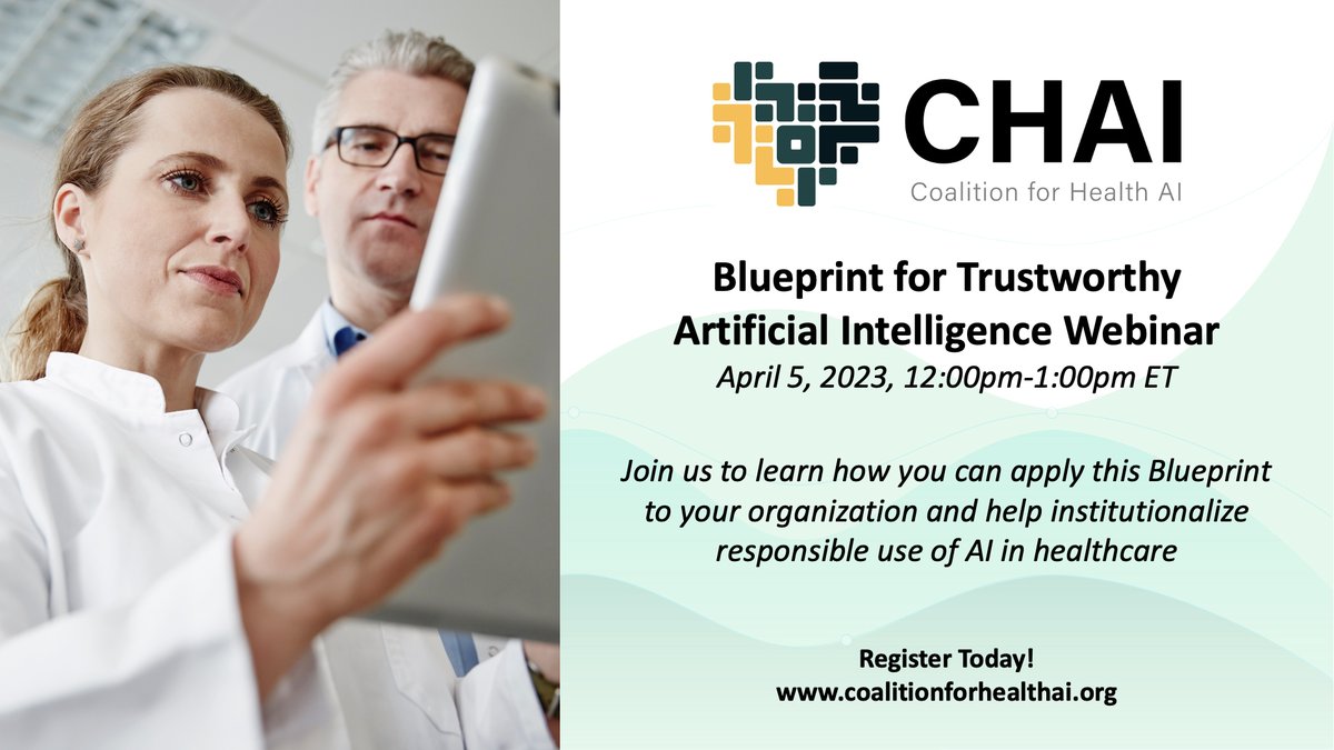 As a member of the Coalition for Heath AI, @DukeAIHealth has been helping to build and refine a Blueprint for Trustworthy #AI to help ensure its ethical use in healthcare. Join us on April 5th, 12pm-1pm EDT for a webinar discussing the Blueprint. Register: bit.ly/3z1XPmB