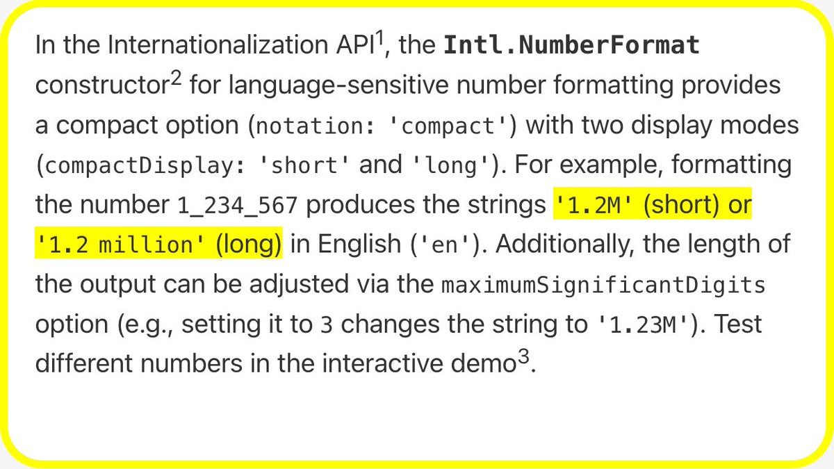 WebPlatformNews's tweet image. Intl.NumberFormat has a compact notation with two display modes webplatform.news/#1679667785000