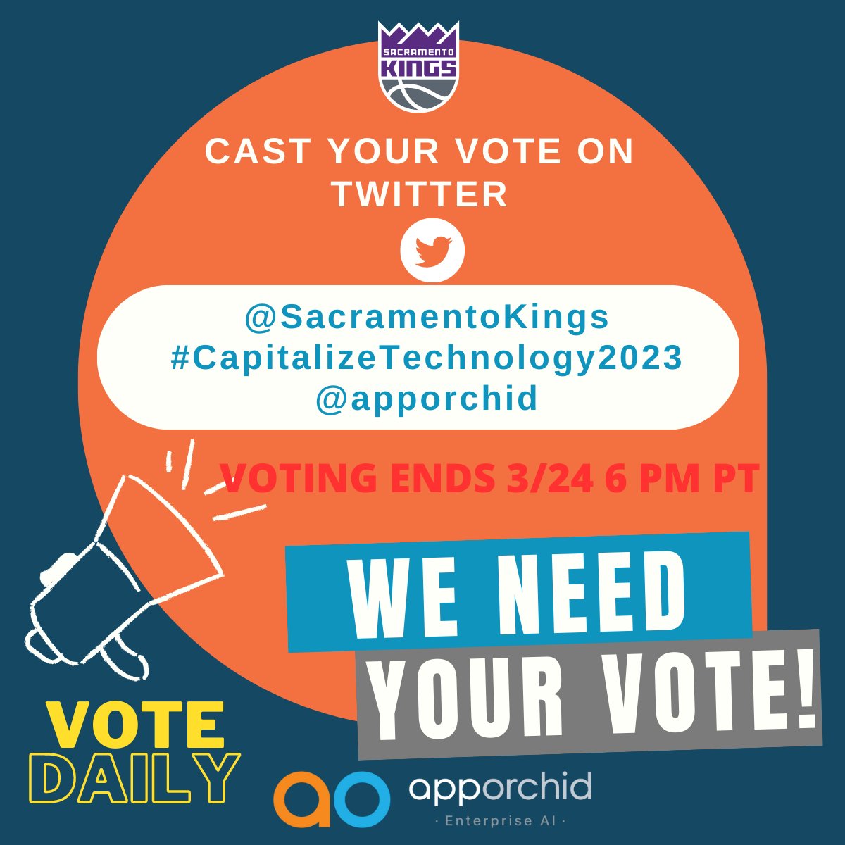 Last day to vote!  Cast your vote by 6pm PT by tweeting:

<a href="/SacramentoKings/">Sacramento Kings</a>
#CapitalizeTechnology2023 
<a href="/apporchid/">App Orchid Inc</a>

The winner will be announced tonight at halftime of the Sacramento Kings vs. Phoenix Suns game!