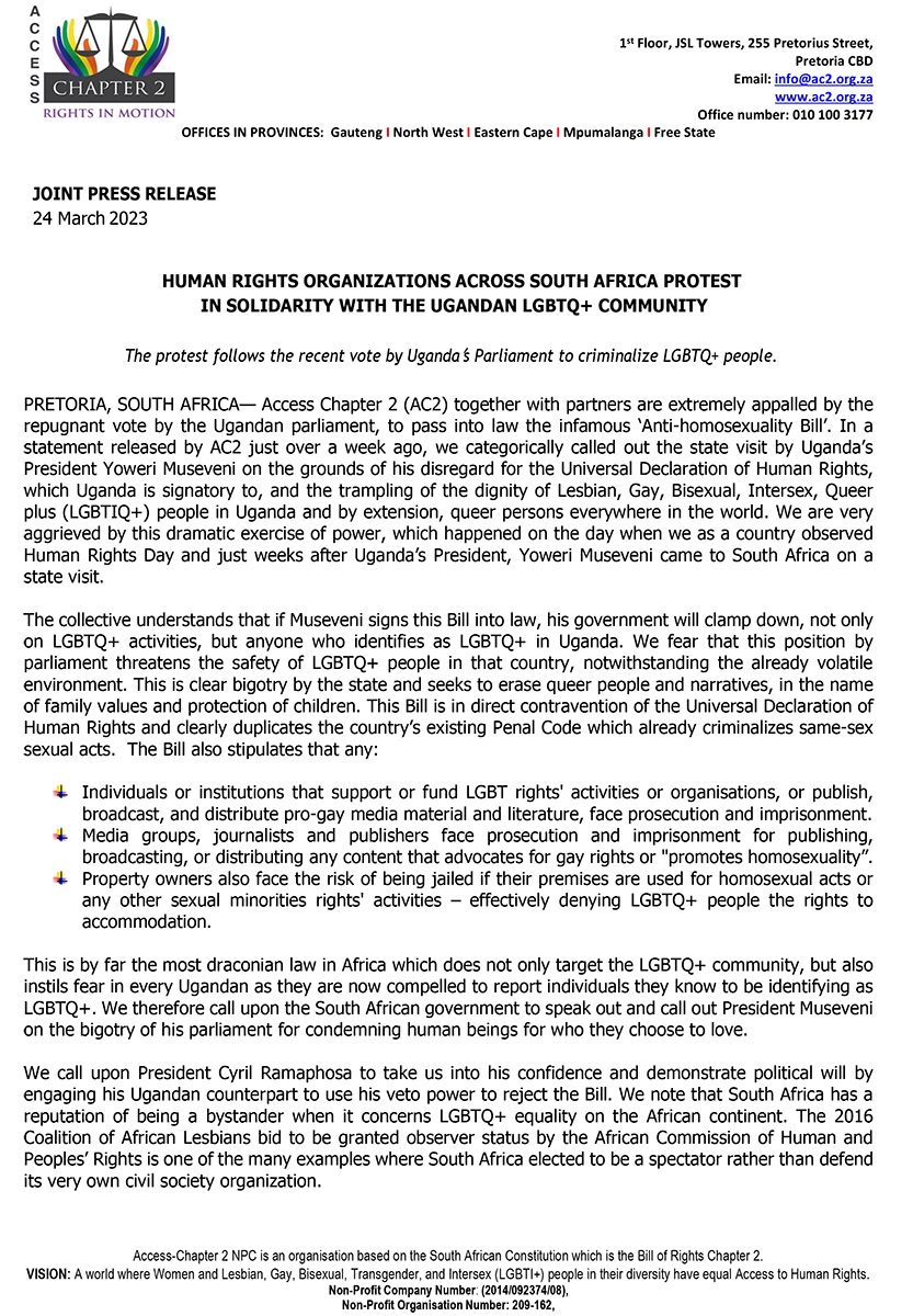 Mambaonline's tweet photo. We, too, support this call for solidarity with Uganda's LGBTIQ+ community. We demand that the SA govt condemns Uganda's Anti-Homosexuality Bill as a gross violation of international human rights law. Silence is not an option! https://t.co/0DWpVr5Ocn