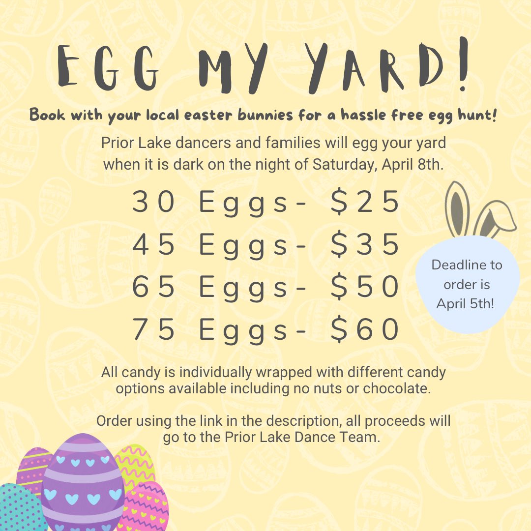 There is still time to register with PLDT for your Easter Egg Hunt! We have limited slots available, make sure to sign up to have us come egg your yard! Registration link is in our bio, available to those in or near Prior Lake/Savage. 🐰🐣💗

#priorlakemn #savagemn #easteregghunt