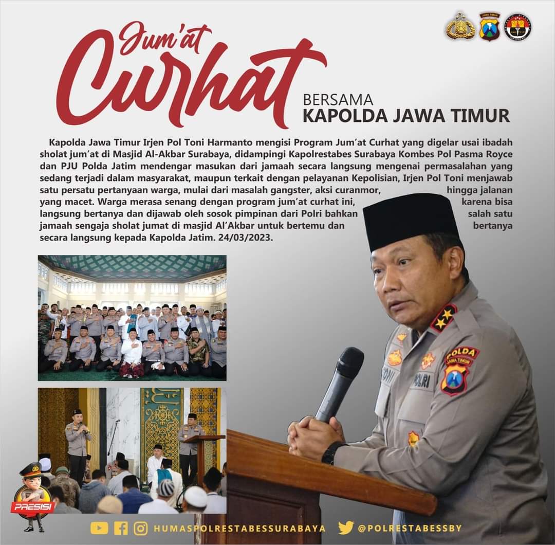NKRI89159805's tweet photo. Jum'at Curhat Bersama Kapolda Jatim di Masjid Al - Akbar Surabaya

Selengkapnya di
https://t.co/aN5A4DED07 https://t.co/yrD2RCNujt