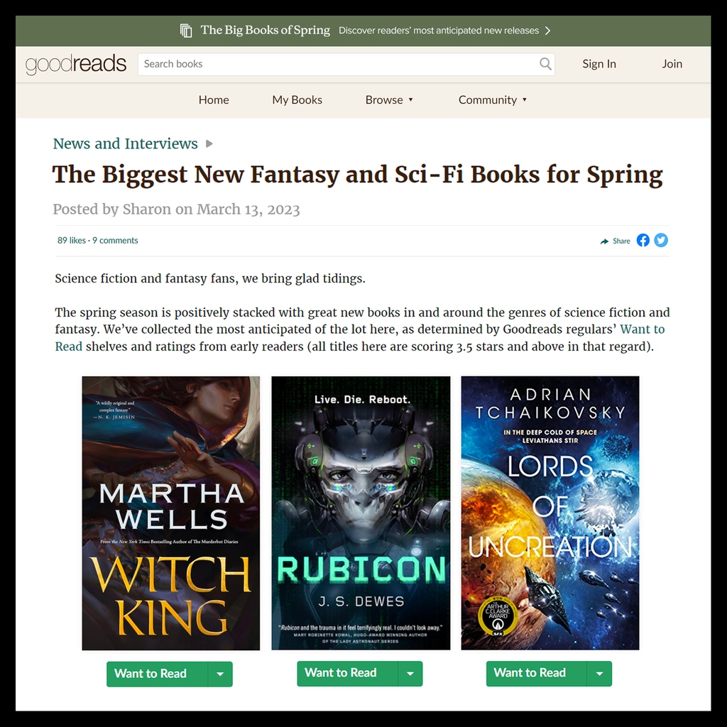 Excited to see #Rubicon in such great company on <a href="/Goodreads/">Goodreads</a>' list of “The Biggest New Fantasy and Sci-Fi Books for Spring”! 🎉

Tons of awesome SFF arriving alongside some much needed warmer weather! 🌷🌳☀️ Check out the full list here: goodreads.com/blog/show/2547

<a href="/TorBooks/">Tor Books</a>
