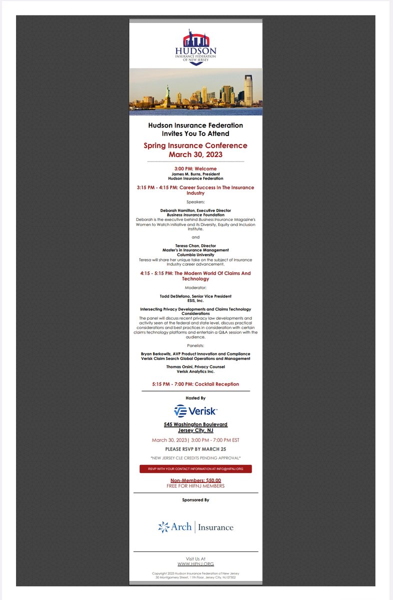 GenovaBurns's tweet photo. We are pleased to share an invite to Hudson #Insurance Federation of #NJ (#HIFNJ) Spring Conference on March 30 @Verisk in #JerseyCity. Free for #HIF members $50 for non-members. RSVP to info@hifnj.org - thanks to sponsor #ArchInsurance! #careerdevelopment https://t.co/HfCRQ5VRNp https://t.co/CtRPAedoXJ