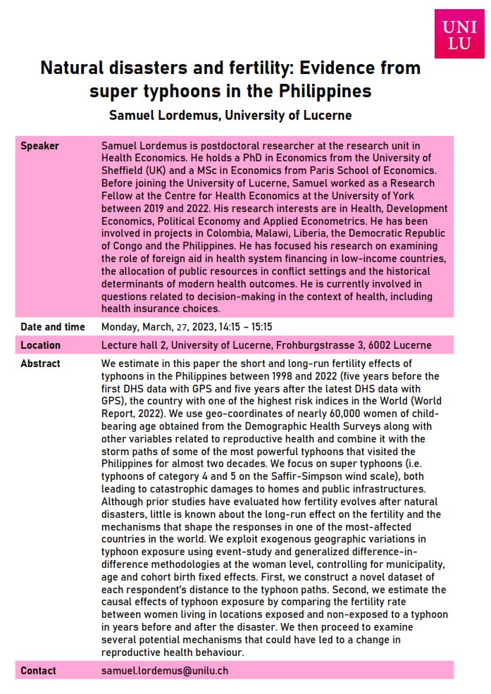 feeterprawnsees's tweet photo. On Monday March 27, 8:15-9:15 pm PH time, Dr. Samuel Lordemus of @GUniluzern will present his study on the Natural Disasters and Fertility in the Philippines. 🇵🇭🇨🇭 pm me for online access or send an email to contacts below https://t.co/GTTGGzrG0t