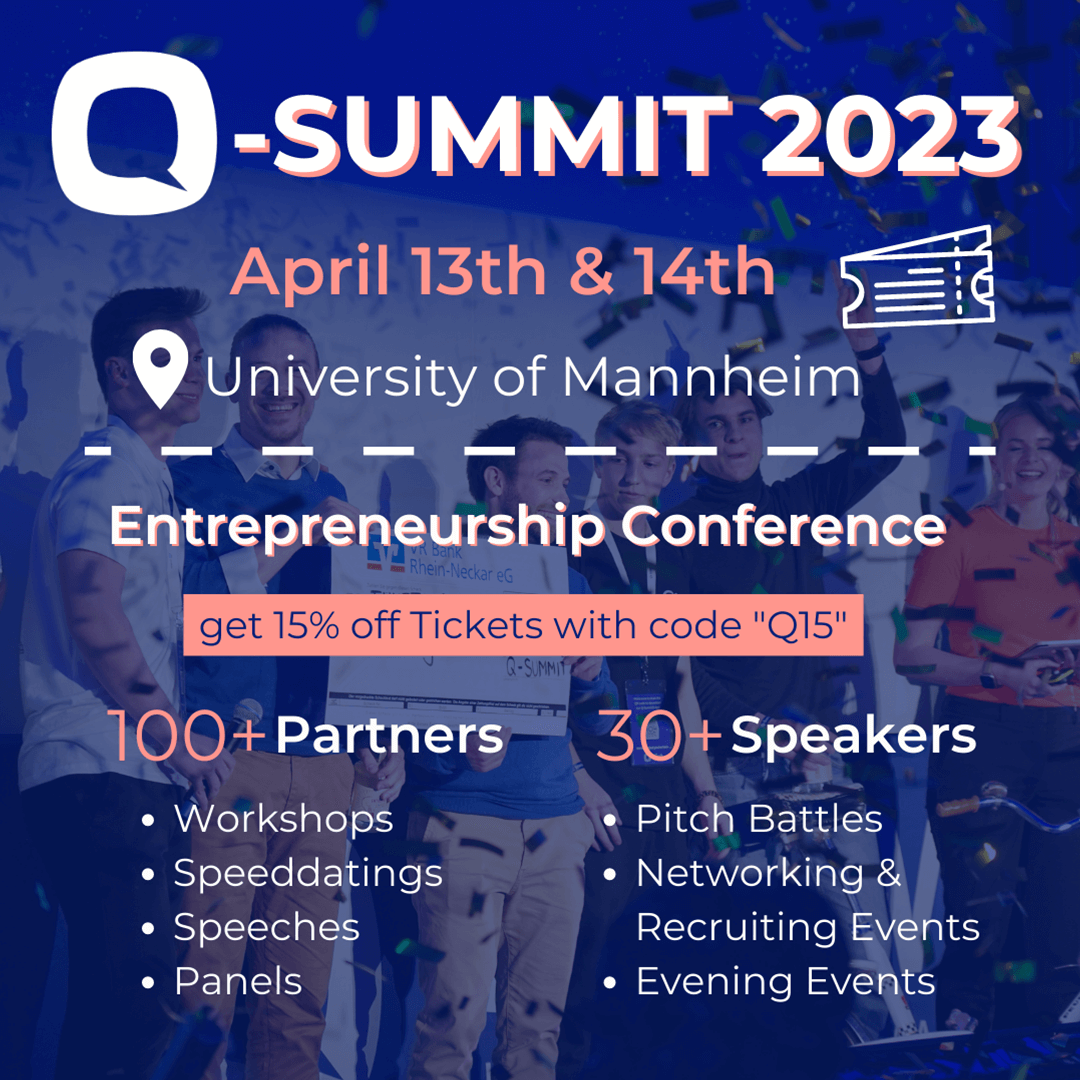 Startup_BW's tweet photo. Vom 13.-14.04. findet der #QSummit 2023 statt. Bei der von Studierenden organisierte Start-up-#Konferenz dreht sich alles rund um das Thema #Entrepreneurship. #StartupBW ist Netzwerkpartner des Events. Rabatt-Code für Tickets: Q15
Weitere Infos: https://t.co/3GQKDeaDEx https://t.co/Qx54EGsCGw