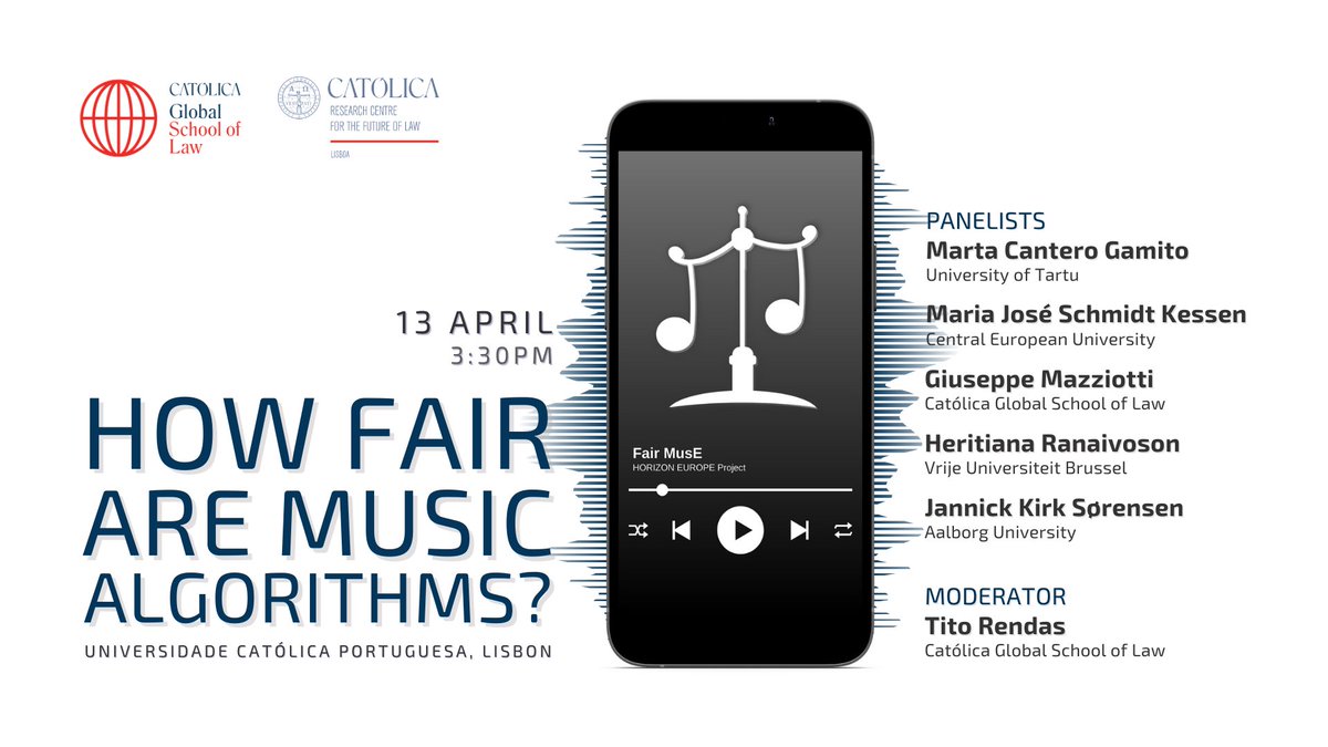 CatolicaGlobal's tweet photo. 📆 SAVE THE DATE: April 13, 15:30 

🎶 Within the scope of the @HorizonEU project Fair MusE, we will host a roundtable discussion on the fairness of music algorithms in streaming services.

🎙️ @gmazziotti , @MJSchmidtK1, @MartaCantero, @hranaivoson &amp; Jannick Kirk Sørensen https://t.co/WHmzzLuZ1e