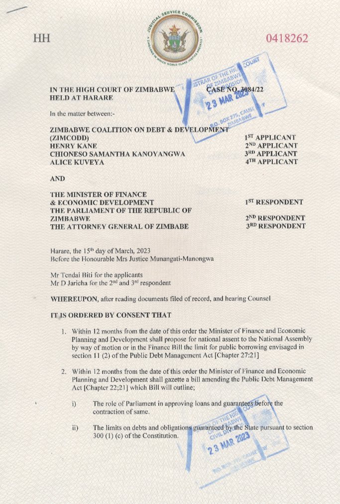 The High Court has ruled in favour of the people’s coalition for Amendment of the Public Debt Management Act. Implications are observance of limits on borrowing &amp; ensuring oversight through Parliament. 

More: zimcodd.org/wp-content/upl…