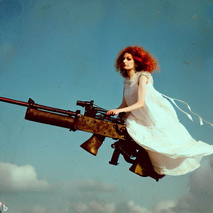 Bingチャットに「白いドレスを着て対戦車ライフルに跨り空を飛ぶ赤髪の少女」を描いてもらった#Bingチャット#Bing