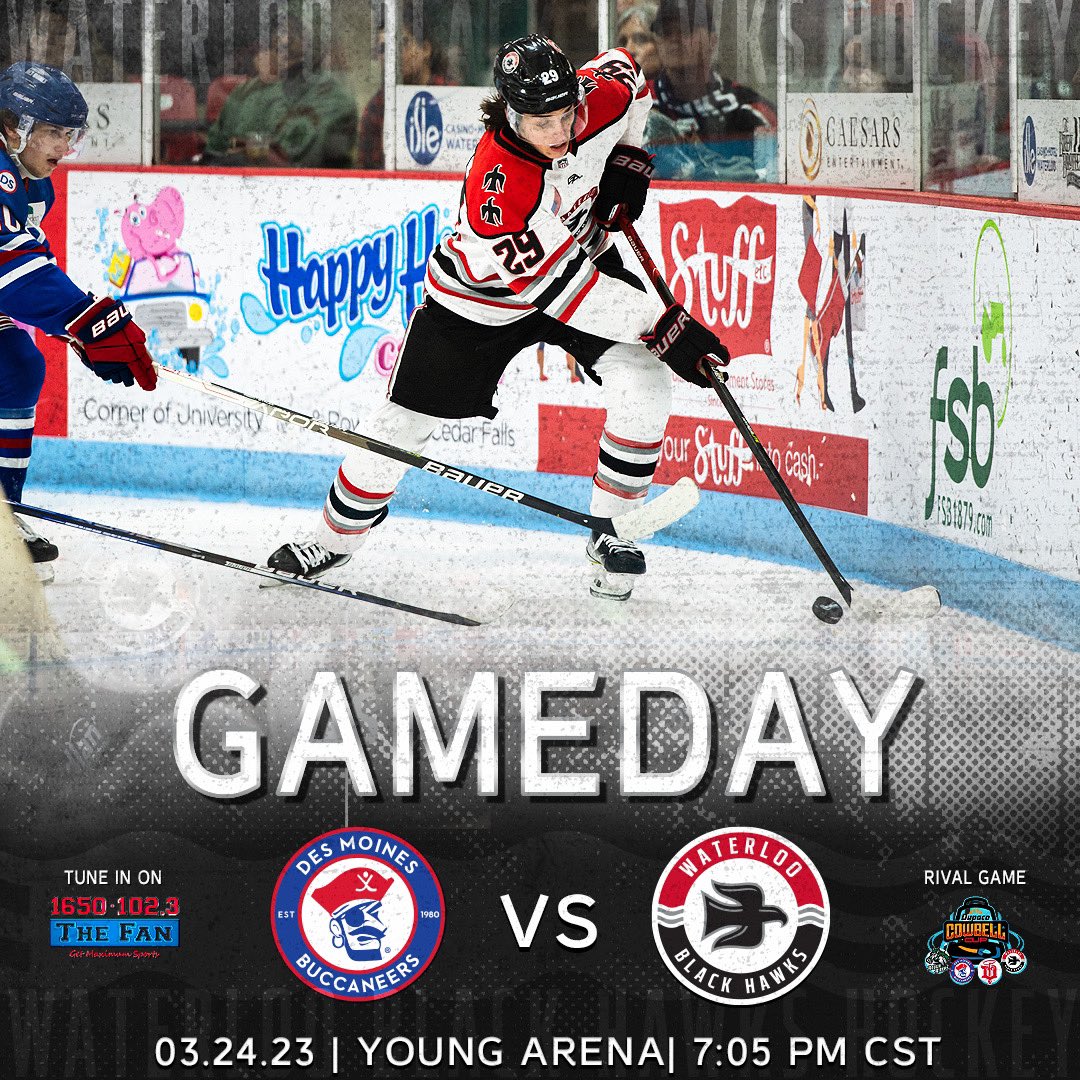 BlckHawksHockey's tweet photo. 🚨GAME DAY🚨

🆚: Des Moines
⏰: 7:05
🐮: @Dupaco Cowbell Cup Black Hawks Lanyard Giveaway
🚔: Guns &amp; Hoses Night pres. by Double A Management &amp; Conquer Property Services
🍻: $4 Coors Light (thru 1st period)
🎟️: https://t.co/OAcrJ2wi7d https://t.co/oAb4YOg4Yd