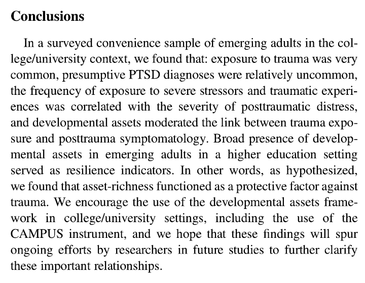 ProfPash's tweet photo. Thus it seems that the #DevelopmentalAssets model for #EmergingAdults in college and university settings really does 'work' as a way to understand resilience, given that they contribute meaningfully to protection against traumatic events!
6/7 https://t.co/6QDrn9uGH2
